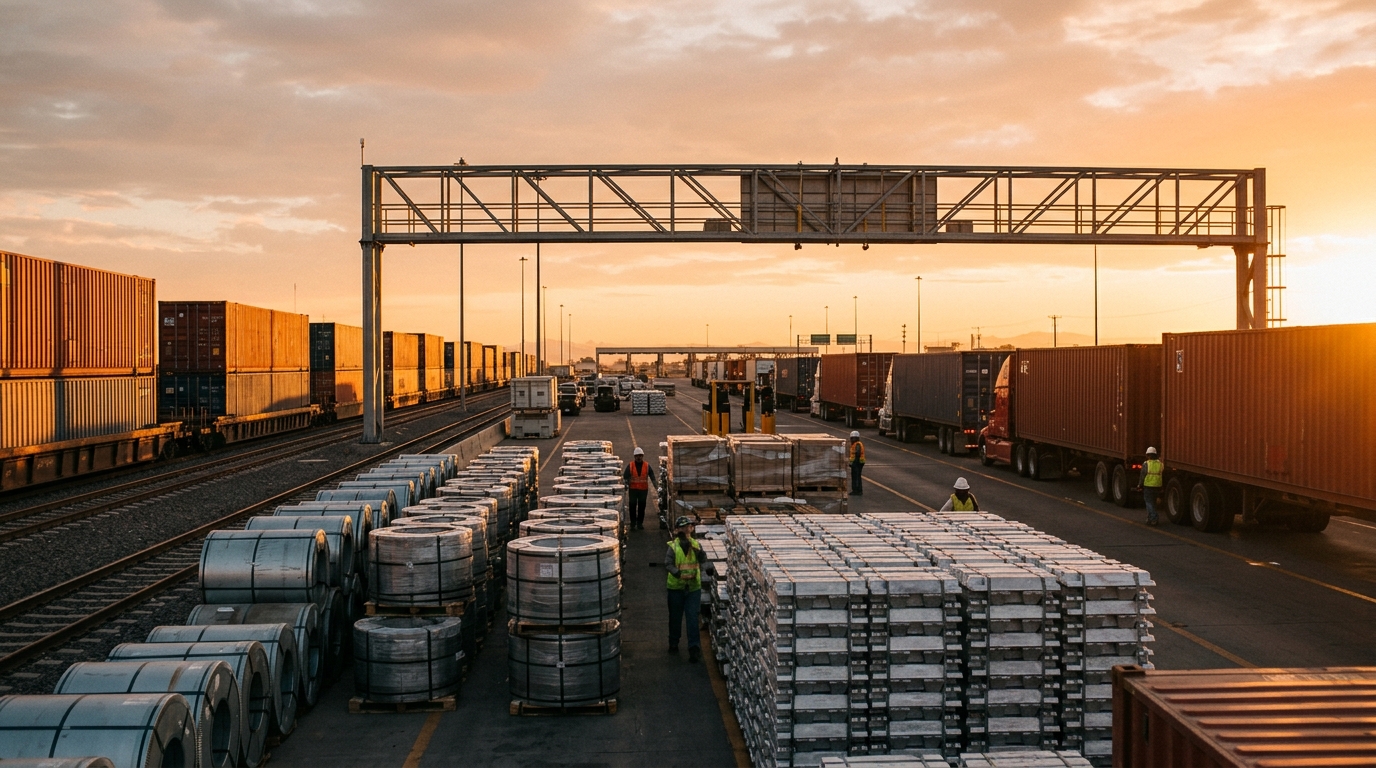 Contenedores de carga y rollos de acero en la frontera durante la revisión del T-MEC